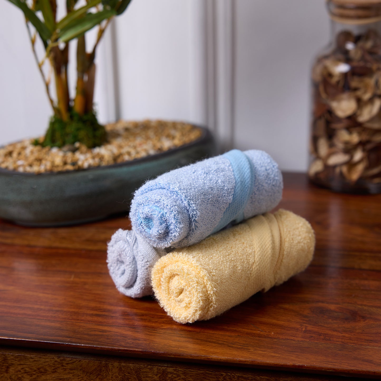 Bamboo Soul Bamboo Face Towel | Ultra Absorbent & Super Soft | 30 x 30 cm - 550 GSM | Pack of 3 – Blue-Yellow-Dark Beige