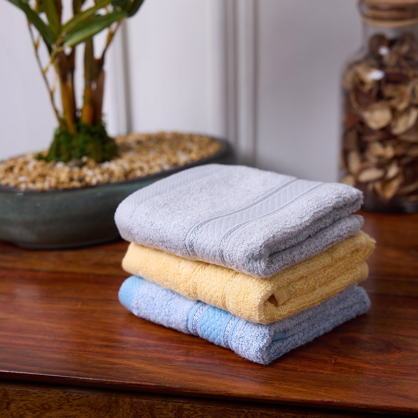 Bamboo Soul Bamboo Face Towel | Ultra Absorbent & Super Soft | 30 x 30 cm - 550 GSM | Pack of 3 – Blue-Yellow-Dark Beige