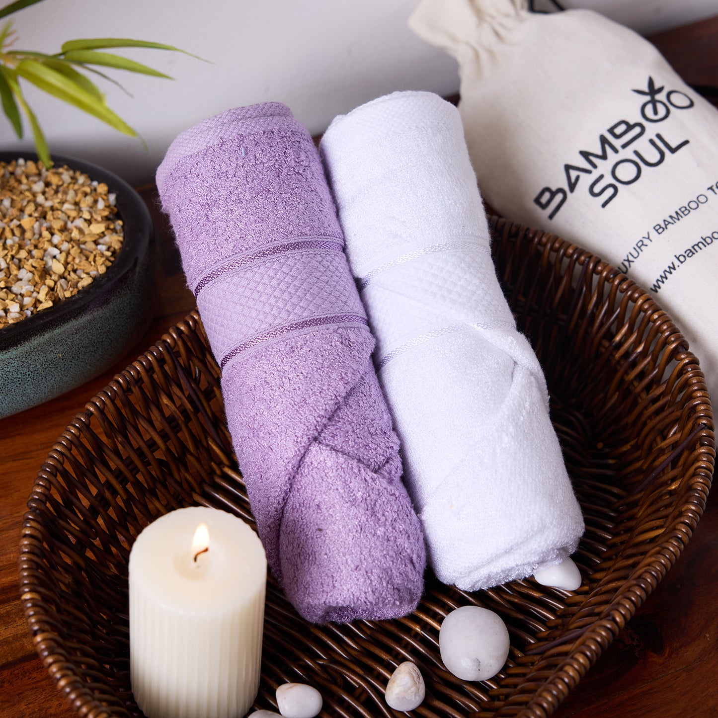 Bamboo Soul Bamboo Hand Towel | Ultra Absorbent & Super Soft | 40 x 60 cm - 550 GSM | Pack of 2 – White-Purple