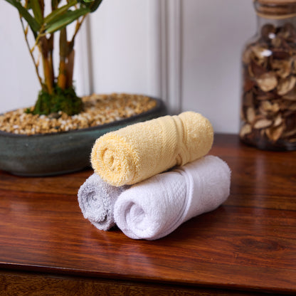 Bamboo Soul Bamboo Face Towel | Ultra Absorbent &amp; Super Soft | 30 x 30 cm - 550 GSM | Pack of 3 – White-Yellow-Grey