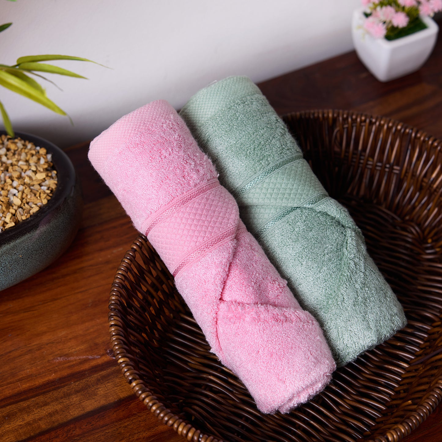 Bamboo Soul Bamboo Hand Towel | Ultra Absorbent & Super Soft | 40 x 60 cm - 550 GSM | Pack of 2 – Pink-Green