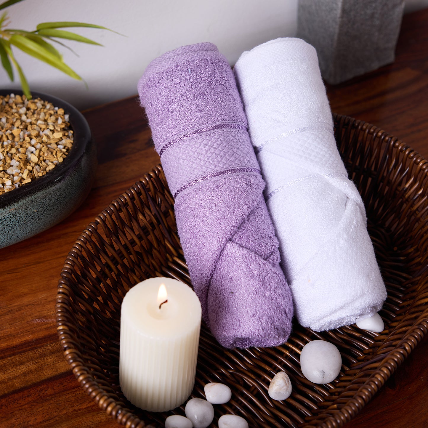 Bamboo Soul Bamboo Hand Towel | Ultra Absorbent & Super Soft | 40 x 60 cm - 550 GSM | Pack of 2 – White-Purple