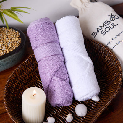 Bamboo Soul Bamboo Hand Towel | Ultra Absorbent & Super Soft | 40 x 60 cm - 550 GSM | Pack of 2 – White-Purple